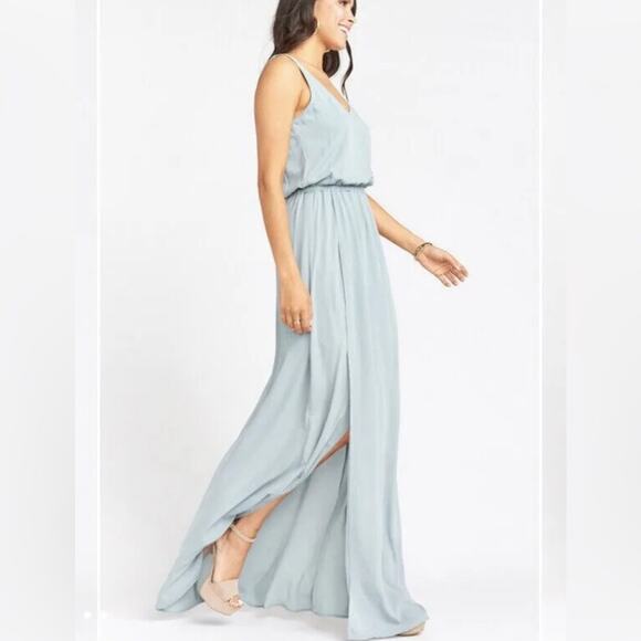 Show Me Your Mumu Kendall MaxiDress V Neck Slit Blouson Silver Sage Blue sizeXS - Picture 5 of 9